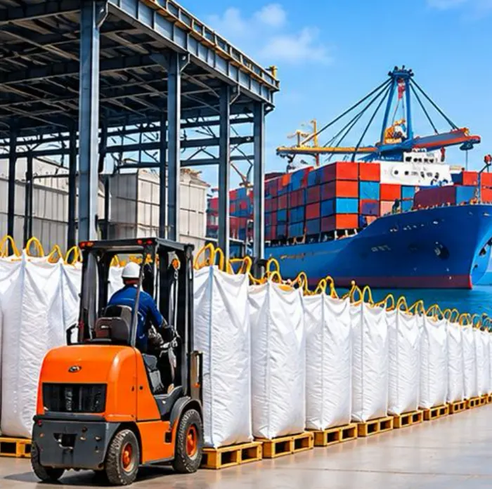 Forklift moving jumbo bags at port