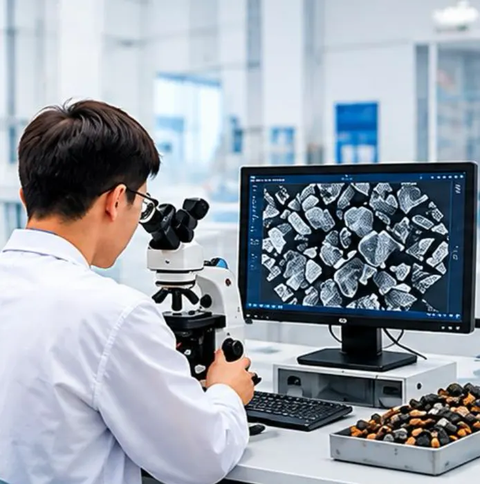 Technician inspecting grit under a microscope